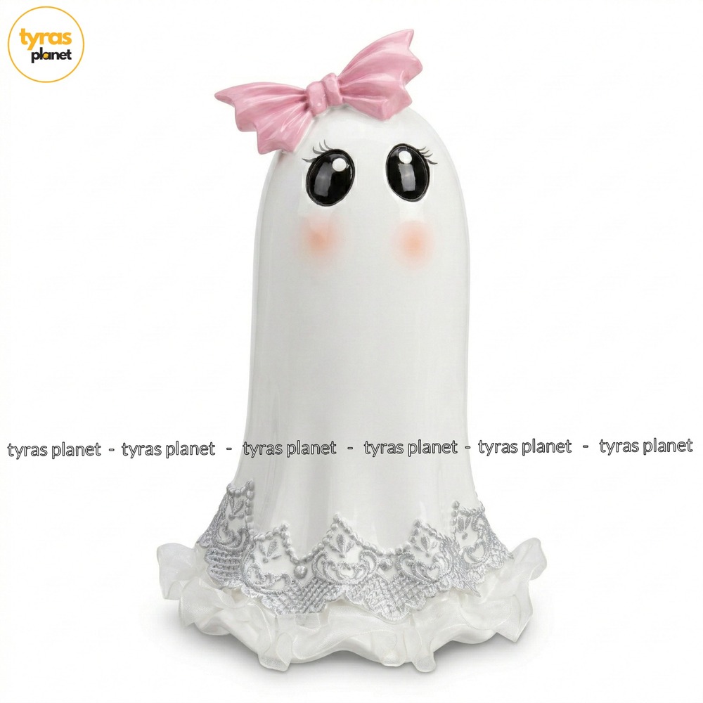 TJ Maxx Halloween Ghost Figurine Pink Bow Silver Lace Tulle 10.5" NEW